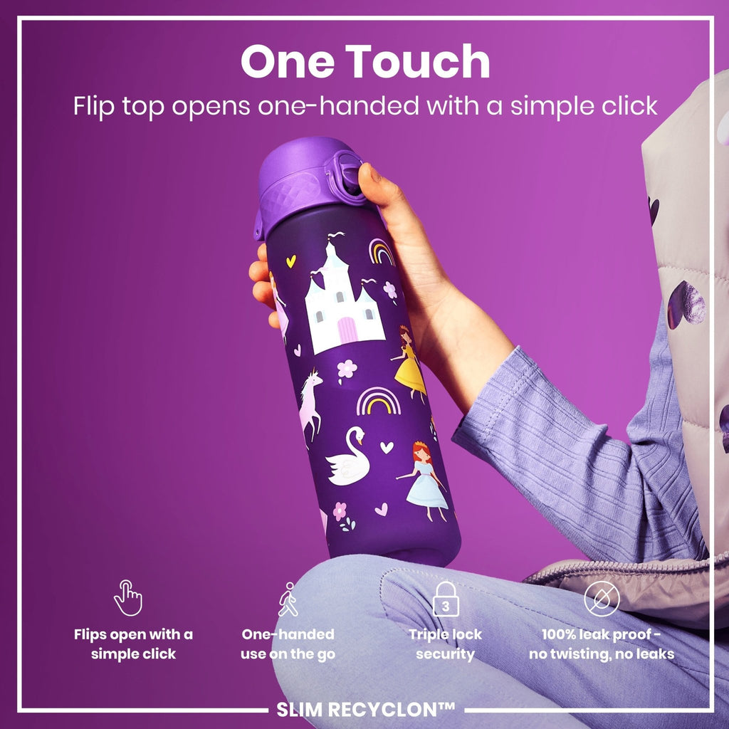 ION8 Recyclon Princess 500ml leak-proof slim water bottle with a colorful princess design, made from recyclable materials.