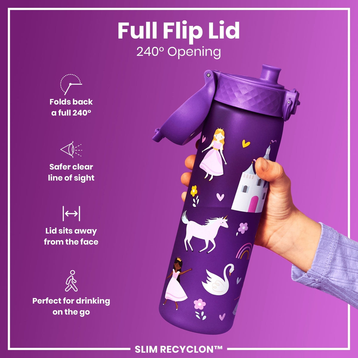 Ion8 Recyclon Princess 500ml leak-proof slim water bottle with colorful princess design, made from recyclable materials.