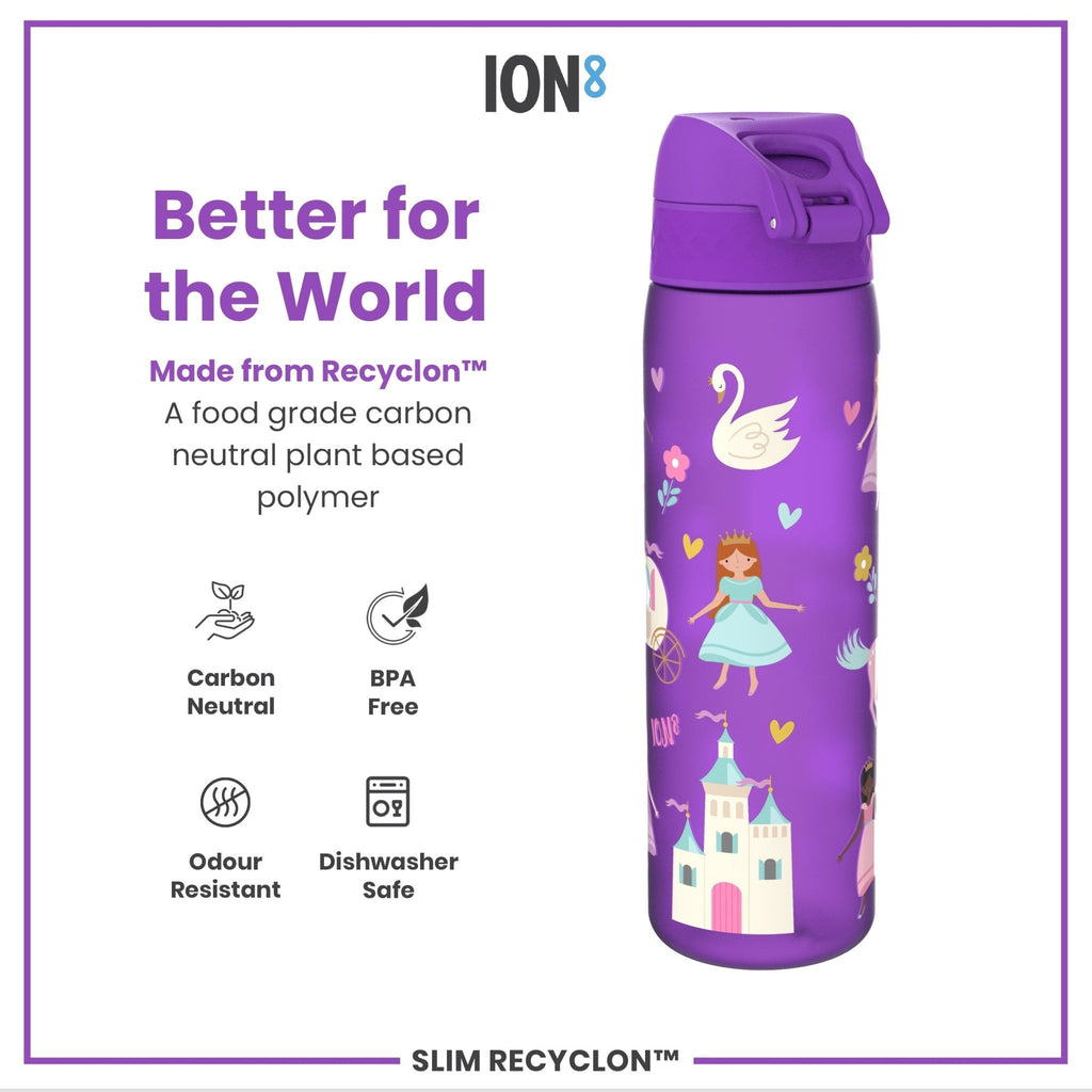Ion8 Recyclon Princess 500ml leak-proof slim water bottle, eco-friendly reusable water container with colorful design.