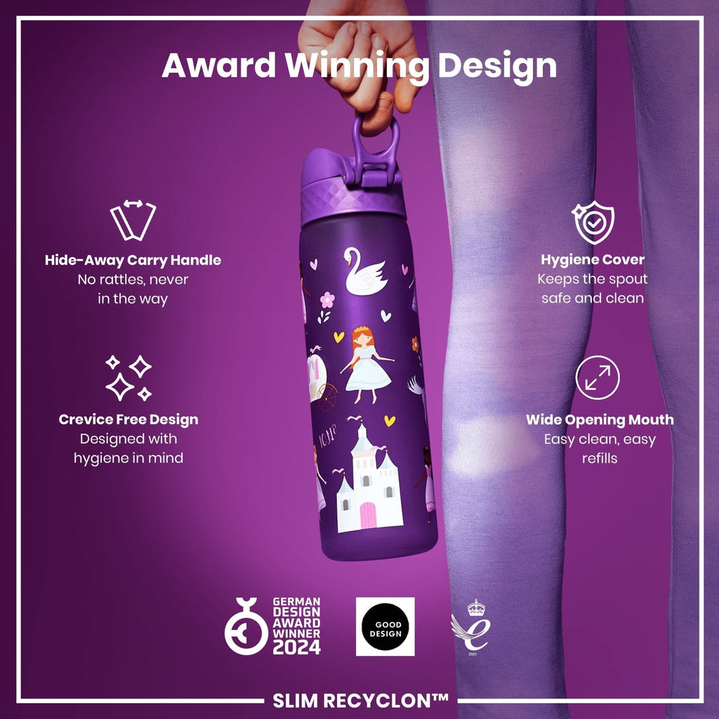 Ion8 Recyclon Princess 500ml leak-proof slim water bottle with colorful princess design, made from recycled materials.