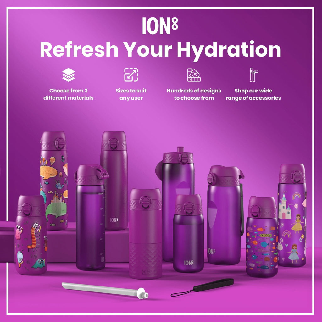 ION8 Recyclon Princess 500ml leak-proof slim water bottle with colorful princess design, ideal for on-the-go hydration.