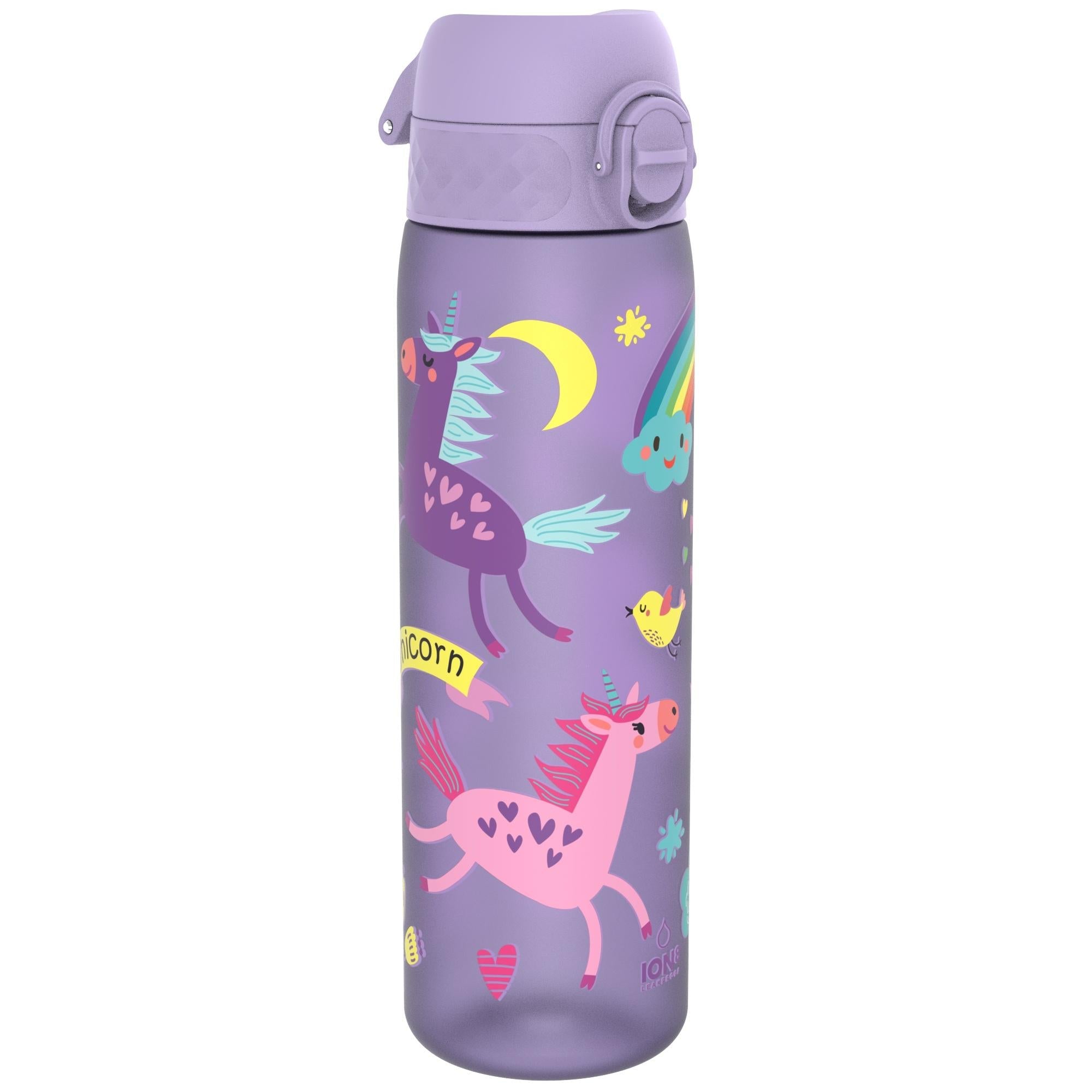 Recyclon leak-proof slim water bottle by ION8 with purple unicorns design, 500ml (18oz) capacity, made for easy hydration.
