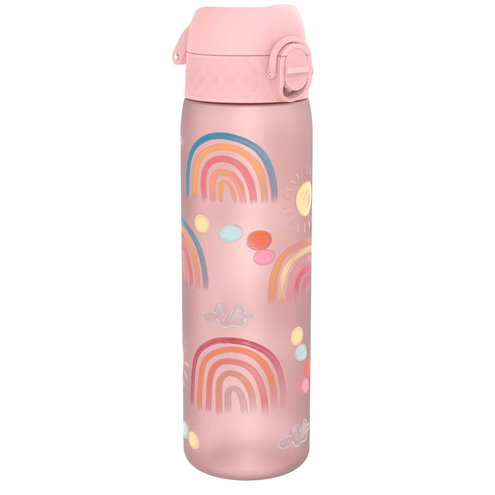 Recyclon Leak Proof Slim Water Bottle by ION8 with rainbow design, 500ml (18oz), showcasing its sleek, colorful exterior.