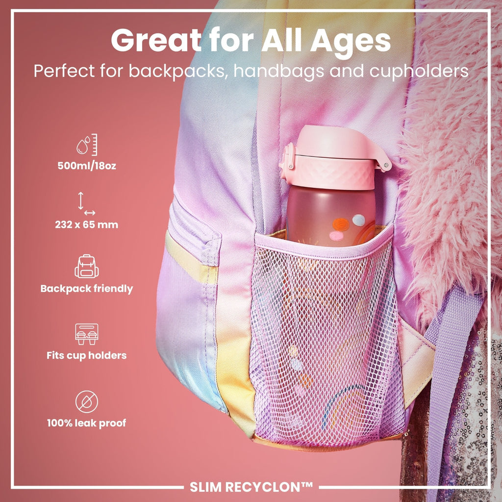 ION8 Recyclon Rainbows 500ml leak-proof slim water bottle, colorful design, durable recyclable plastic, ideal for on-the-go hydration.