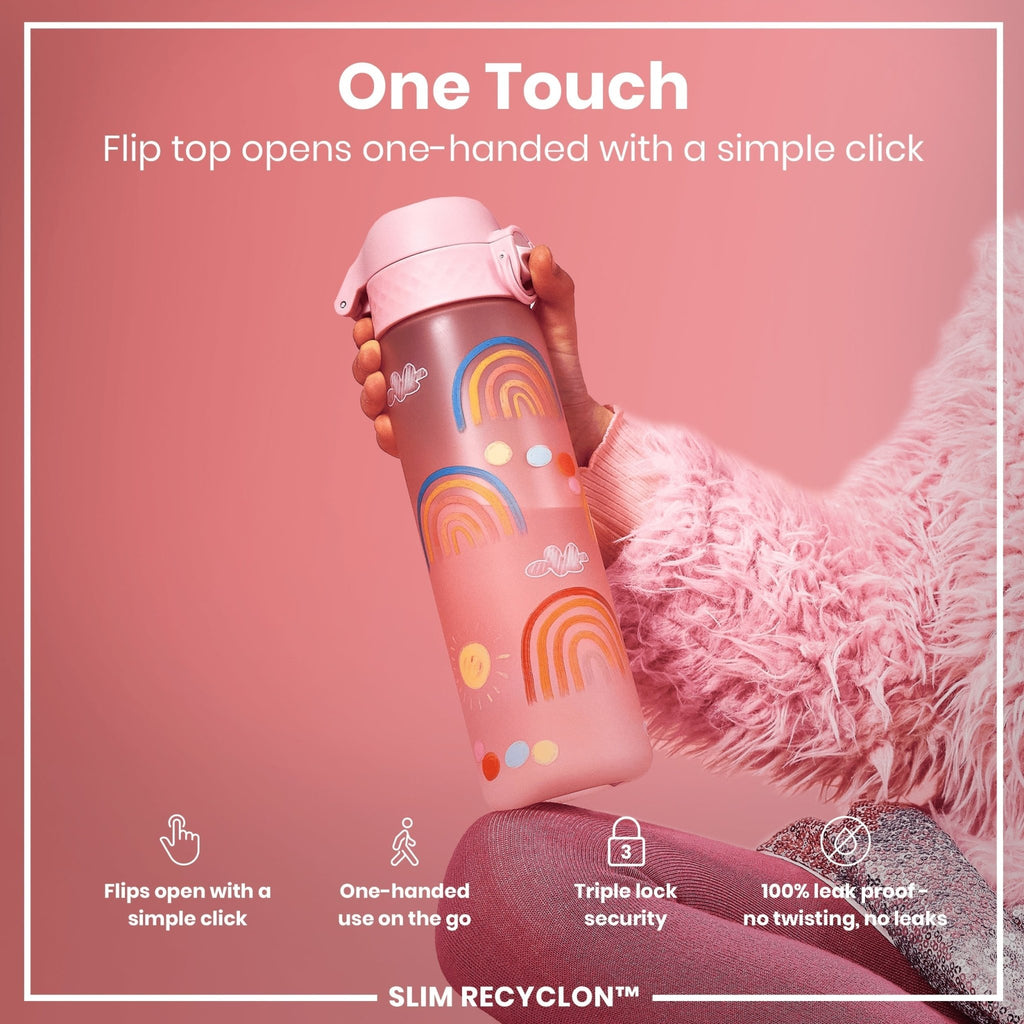 Ion8 Recyclon Rainbow 500ml leak-proof slim water bottle, eco-friendly design, vibrant rainbow pattern, BPA-free plastic.