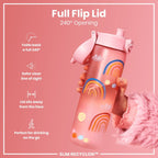 Ion8 Recyclon Rainbow 500ml leak-proof slim water bottle made of recyclable materials, featuring colorful rainbow design.