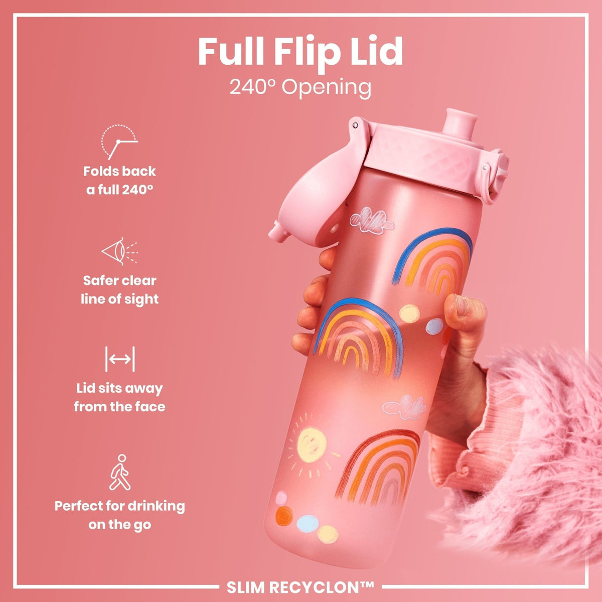 Ion8 Recyclon Rainbow 500ml leak-proof slim water bottle made of recyclable materials, featuring colorful rainbow design.
