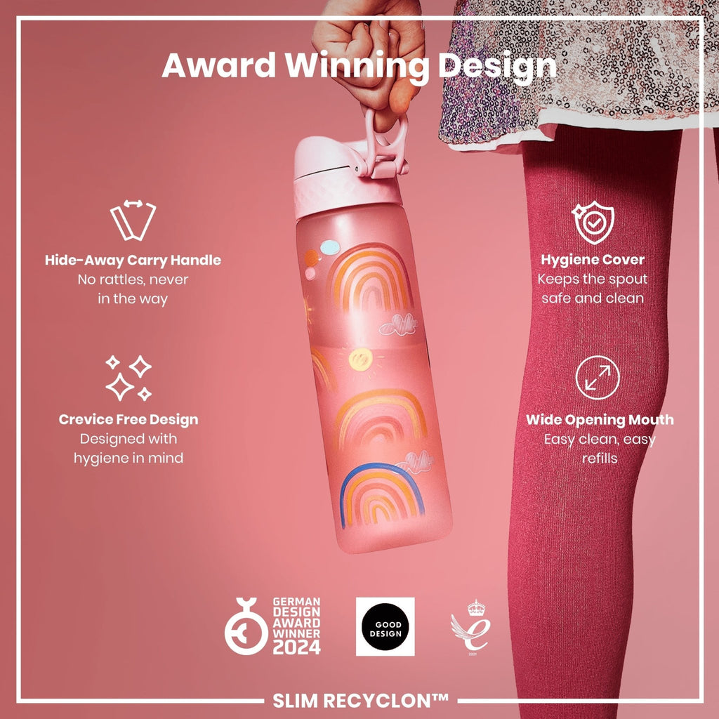 ION8 Recyclon Rainbows 500ml leak-proof slim water bottle made of recycled materials, featuring colorful rainbow design.