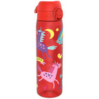 ION8 Recyclon water bottle with red unicorns design, 500ml capacity, leak-proof slim design, ideal for staying hydrated on the go