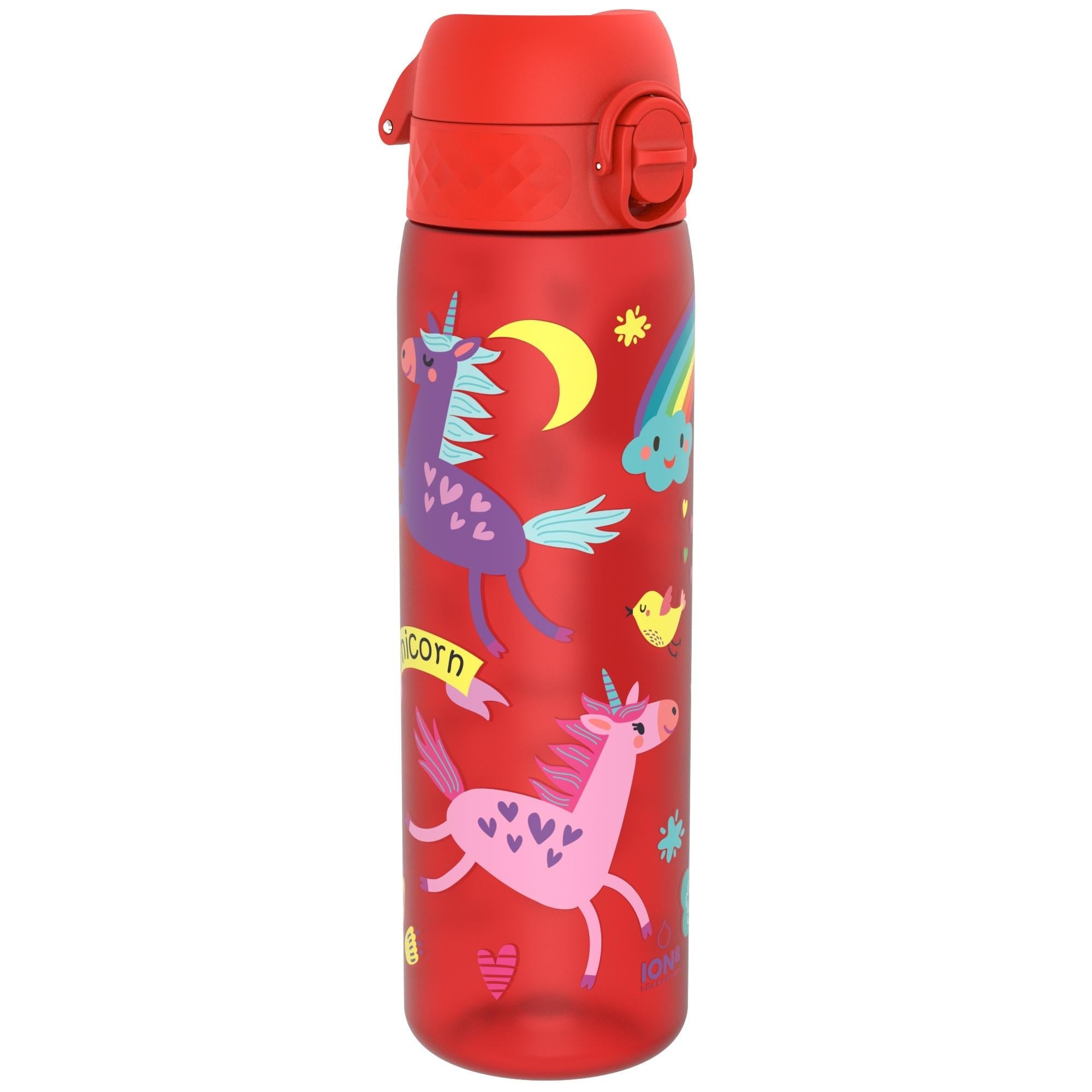 Red unicorns design on ION8 Recyclon leak-proof slim 500ml water bottle, ideal for staying hydrated on the go.