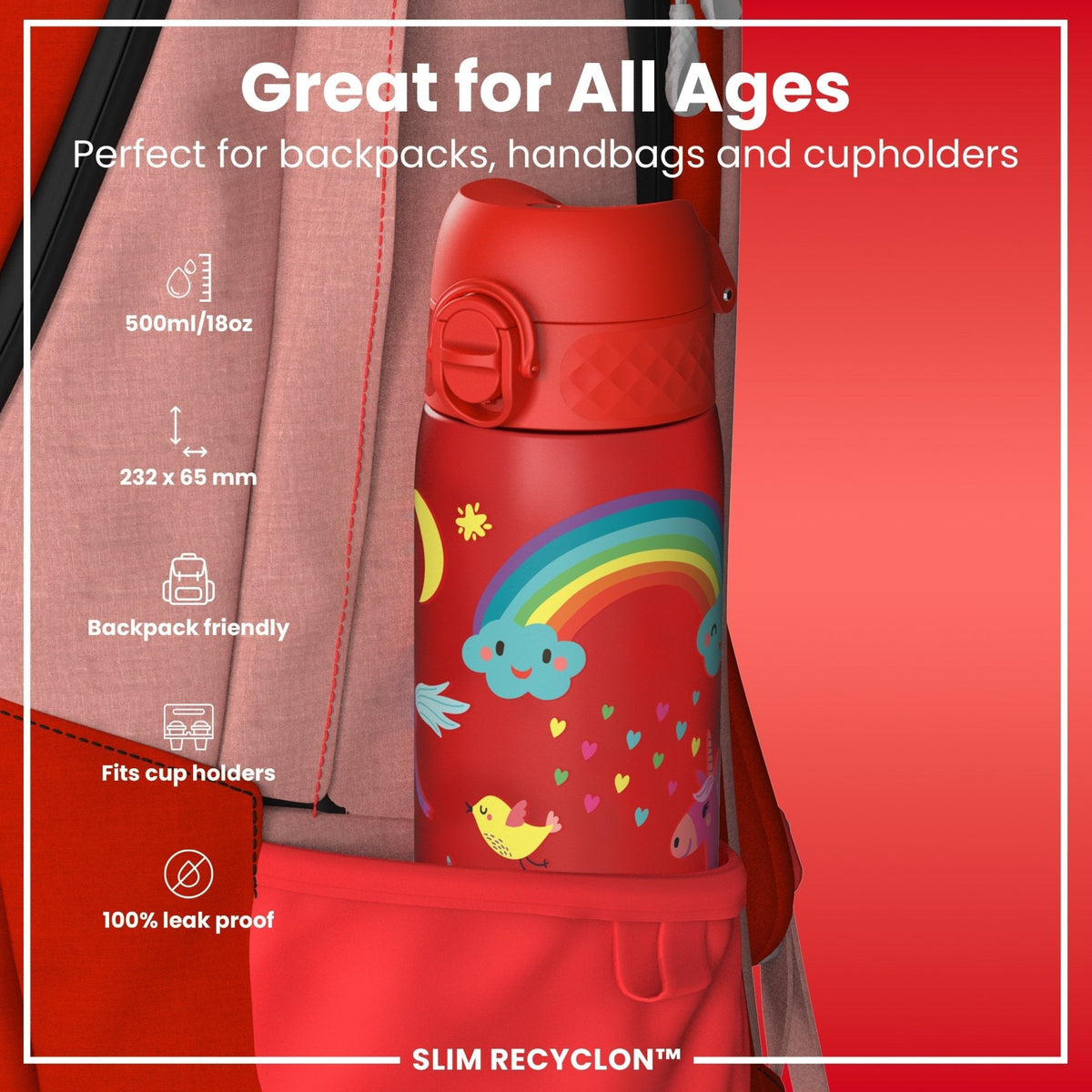 ION8 Recyclon 500ml red unicorns water bottle with leak-proof design, slim shape, perfect for on-the-go hydration.