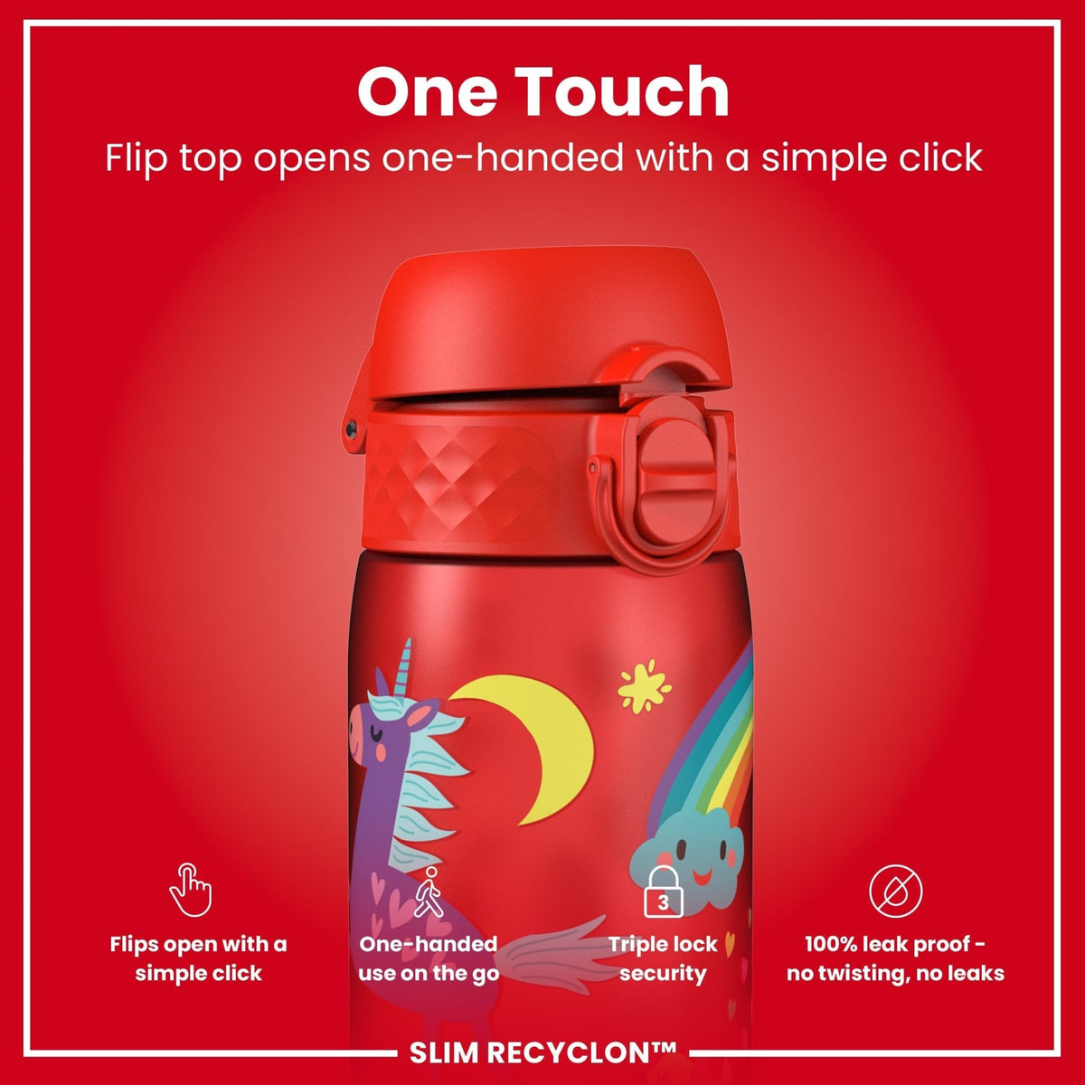 Ion8 Recyclon water bottle with red unicorns design, 500ml leak-proof slim bottle from the Recyclon collection.