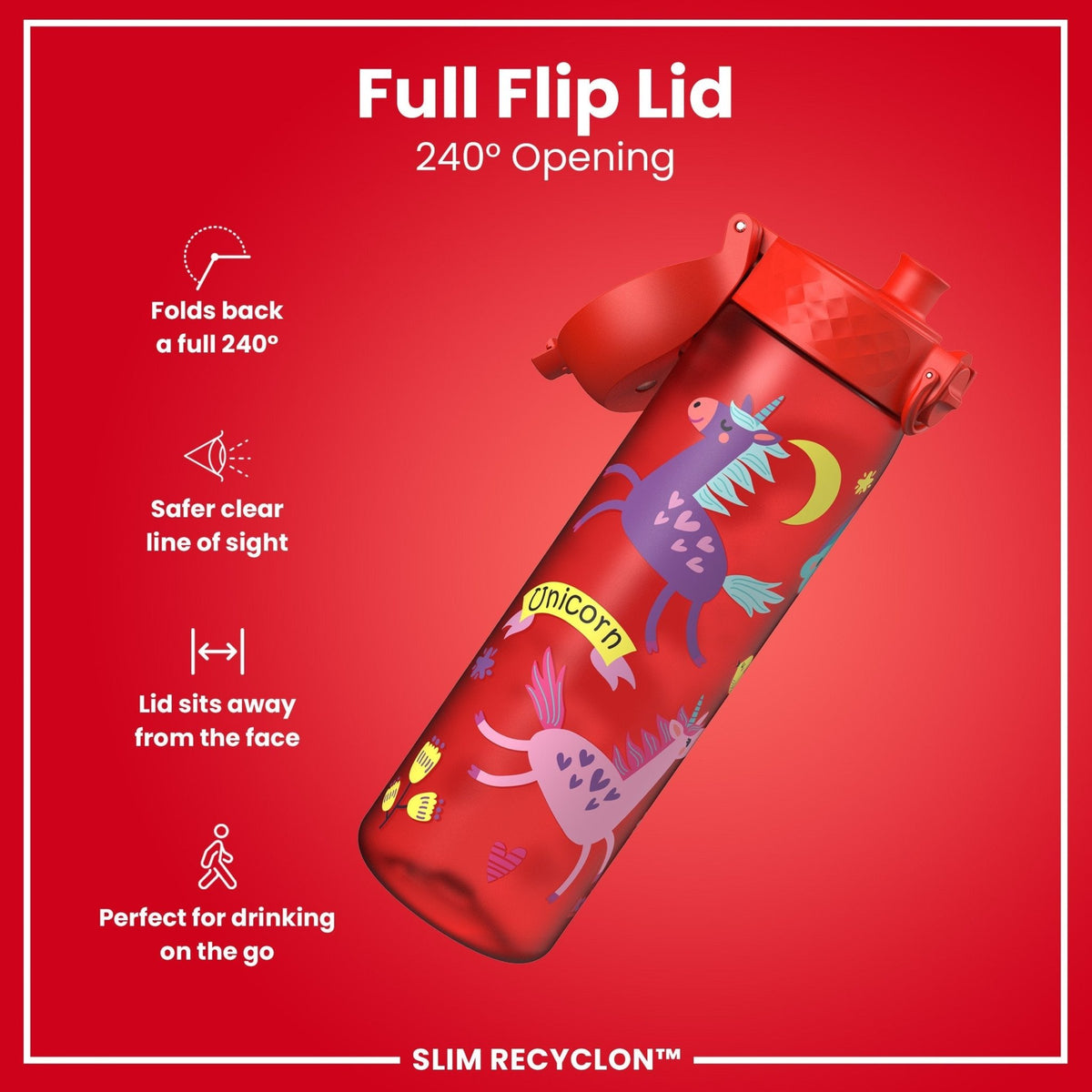 Red unicorns design on ION8 Recyclon 500ml leak-proof slim water bottle, eco-friendly Recyclon water bottle by ION8.
