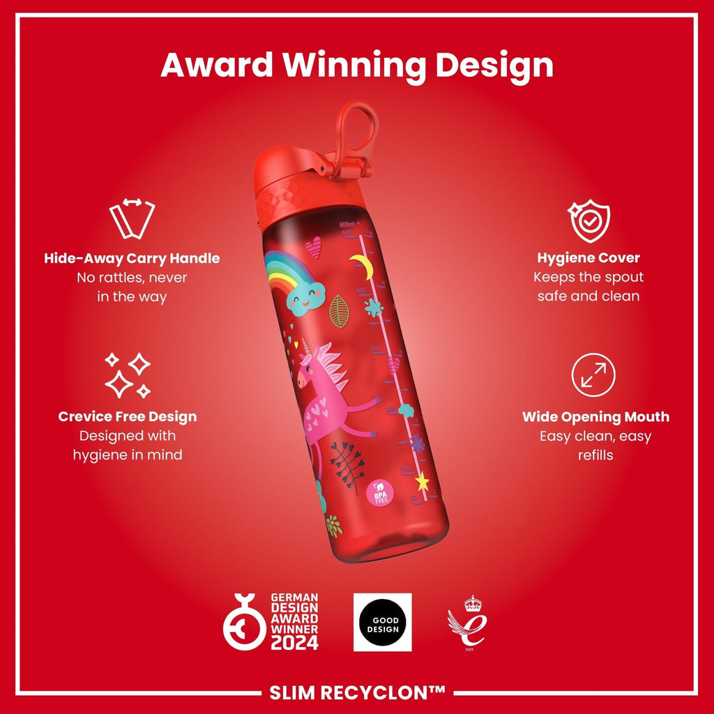 ION8 Recyclon Red Unicorns 500ml leak-proof slim water bottle with colorful unicorn design