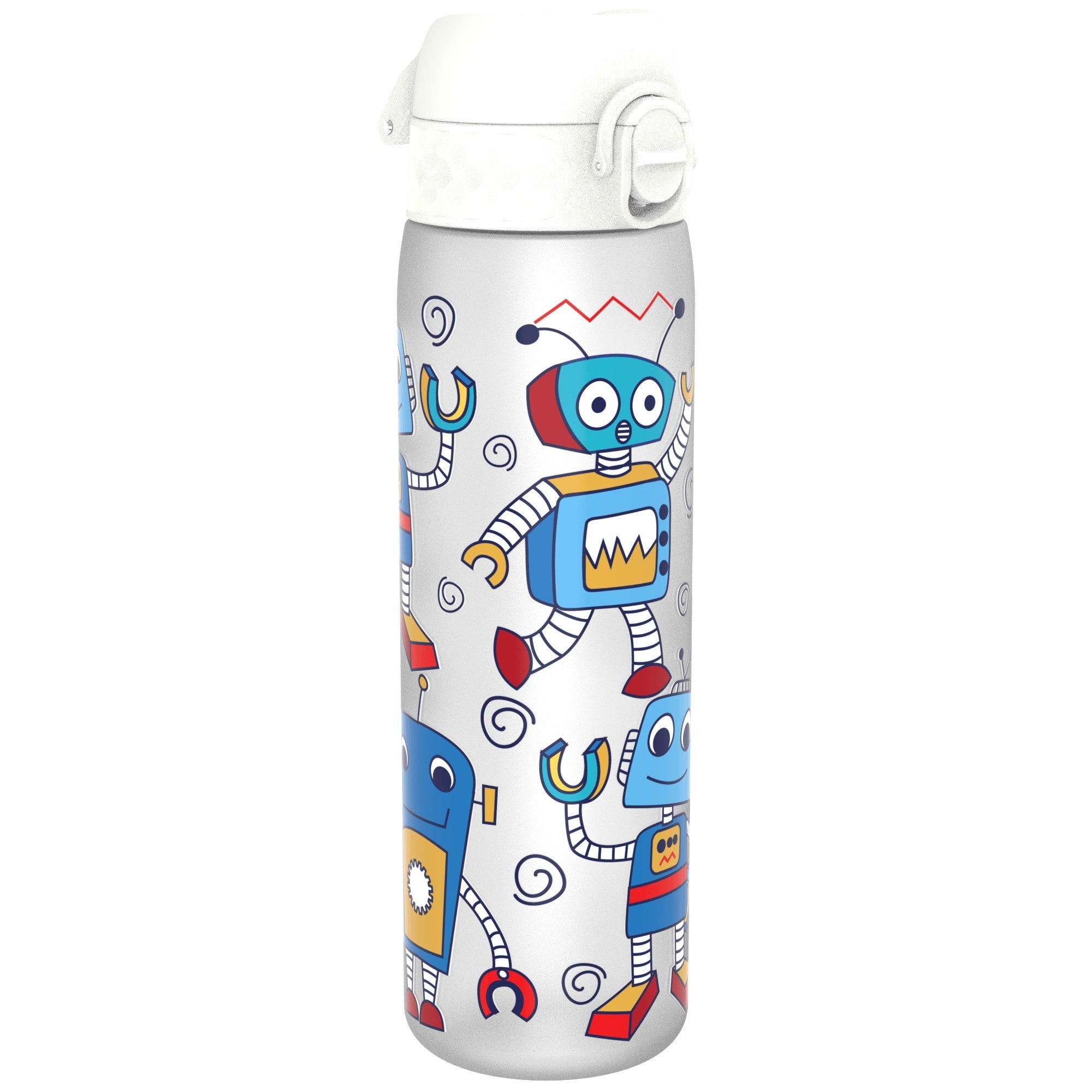 Ion8 leak-proof slim water bottle with robot design, 500ml capacity, made from recyclable materials, featuring a secure lid.