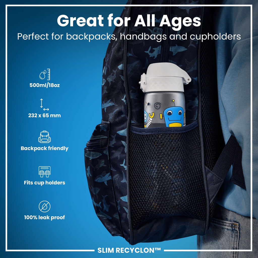 ION8 Recyclon Bottle Robots 500ml reusable water bottle with leak-proof design and slim profile, ideal for hydration on the go.