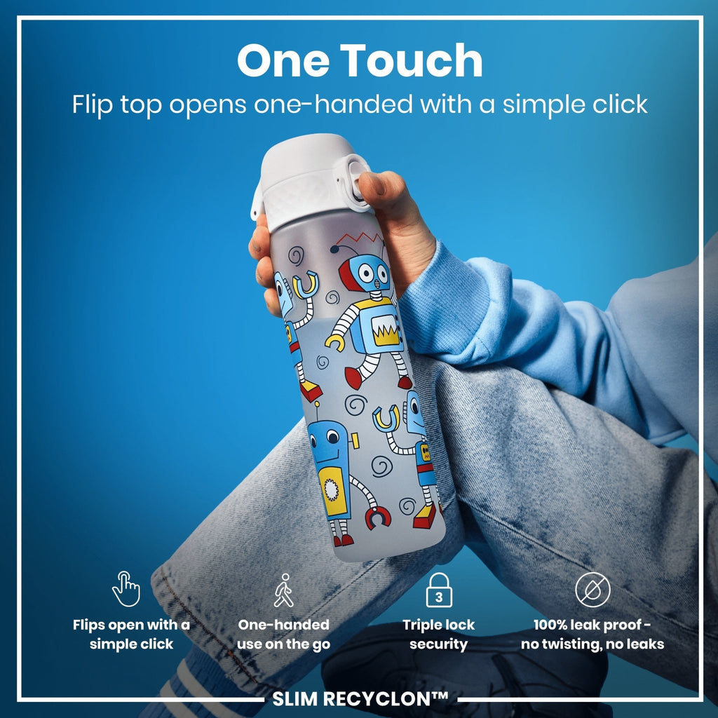 ION8 Recyclon Water Bottle with Robots design, 500ml leak-proof slim water bottle, made from recyclable materials