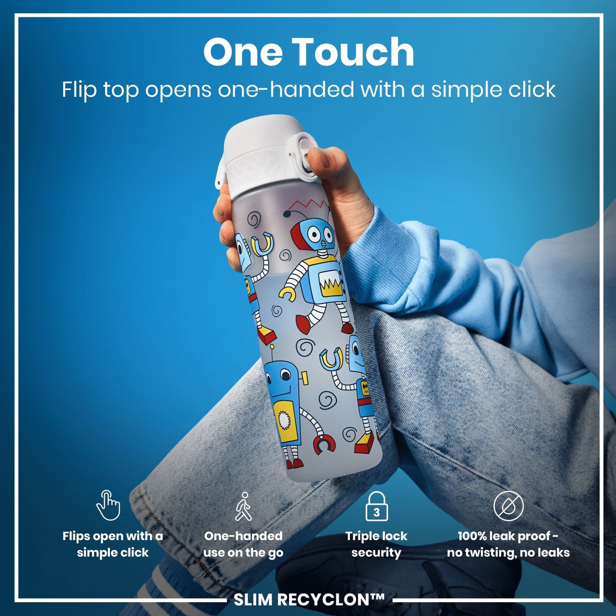 ION8 Recyclon Water Bottle with Robots design, 500ml leak-proof slim water bottle, made from recyclable materials