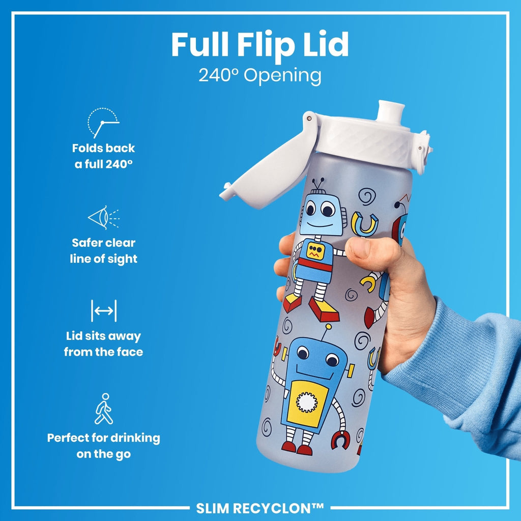 Ion8 Recyclon Bottle Robots 500ml reusable water bottle, slim design, leak-proof, made from eco-friendly materials.
