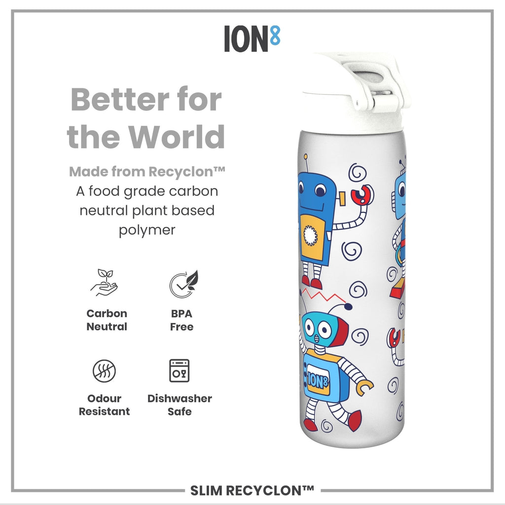 Ion8 Recyclon Bottle Robots 500ml, slim leak-proof water bottle with colorful robot design, made from recycled materials.