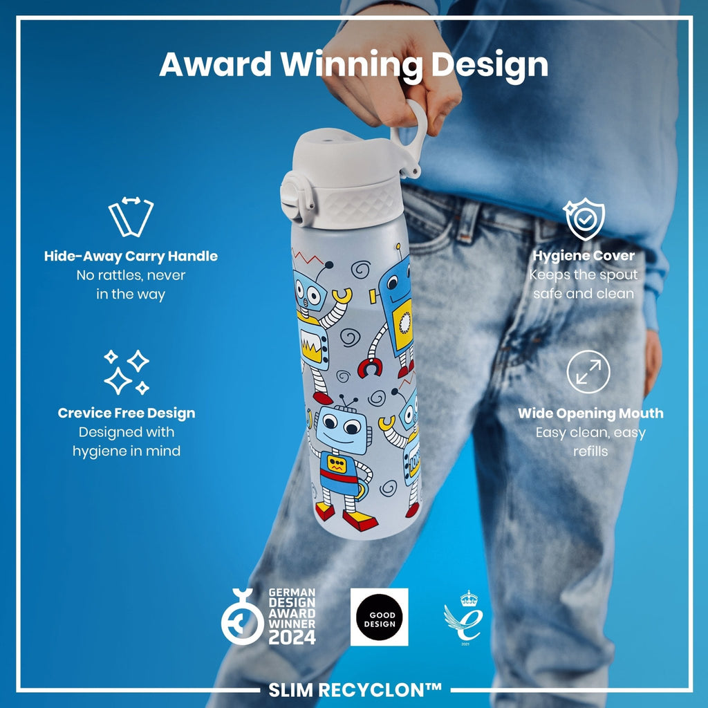 Ion8 Recyclon Bottle Robots 500ml slim water bottle with leak-proof design, featuring colorful robot graphics on the reusable water bottle.