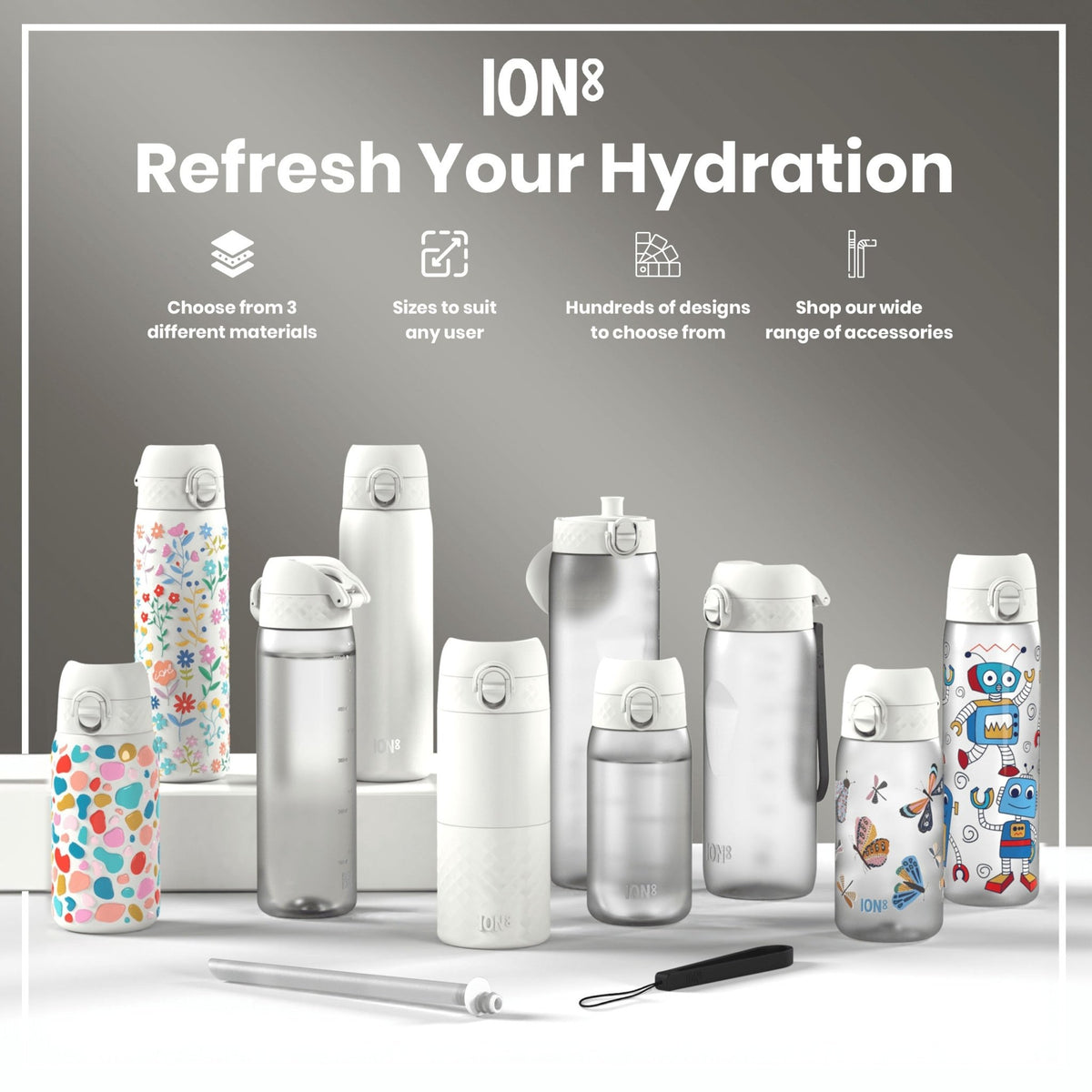 Ion8 Recyclon 500ml water bottle featuring leak-proof Recyclon Robots design, slim shape, and durable construction.
