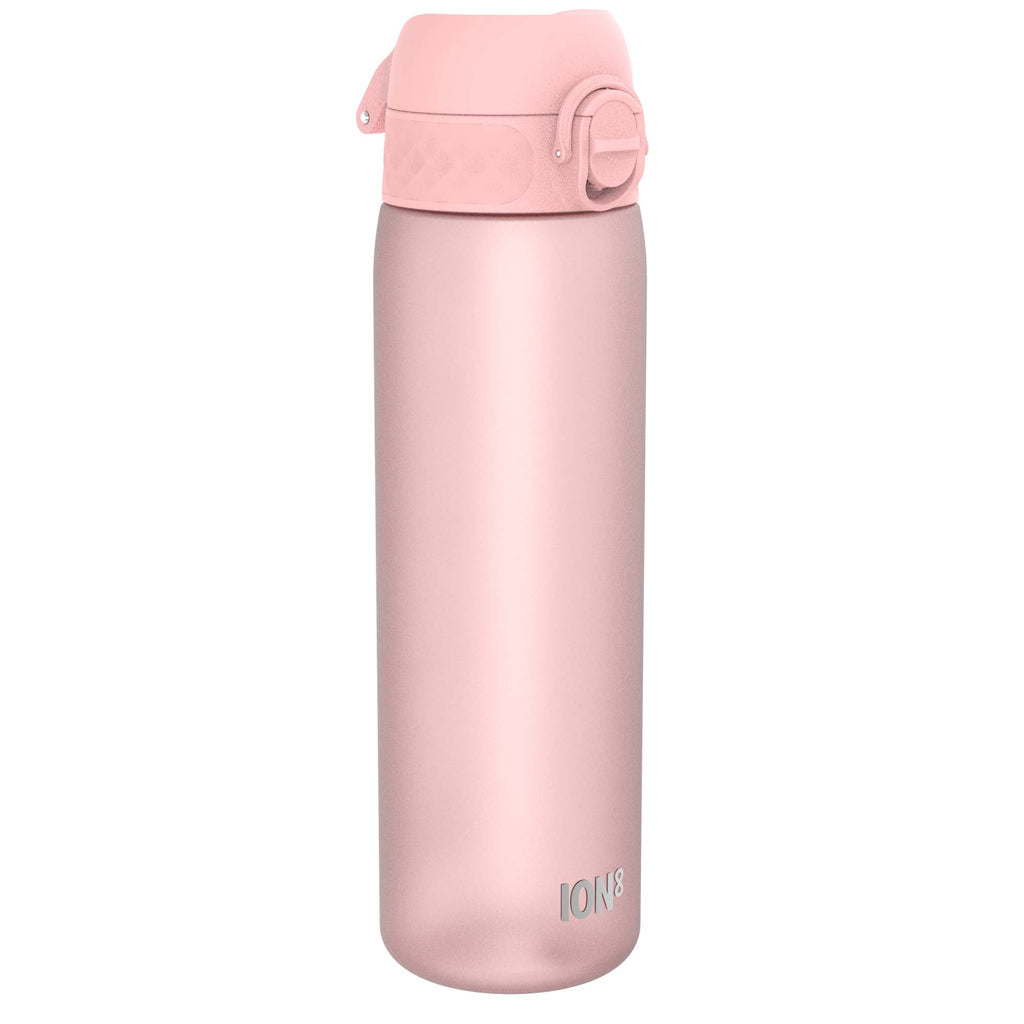 Ion8 Recyclon Rose Quartz 500ml water bottle, leak-proof slim design with pink quartz color, made from recycled materials.