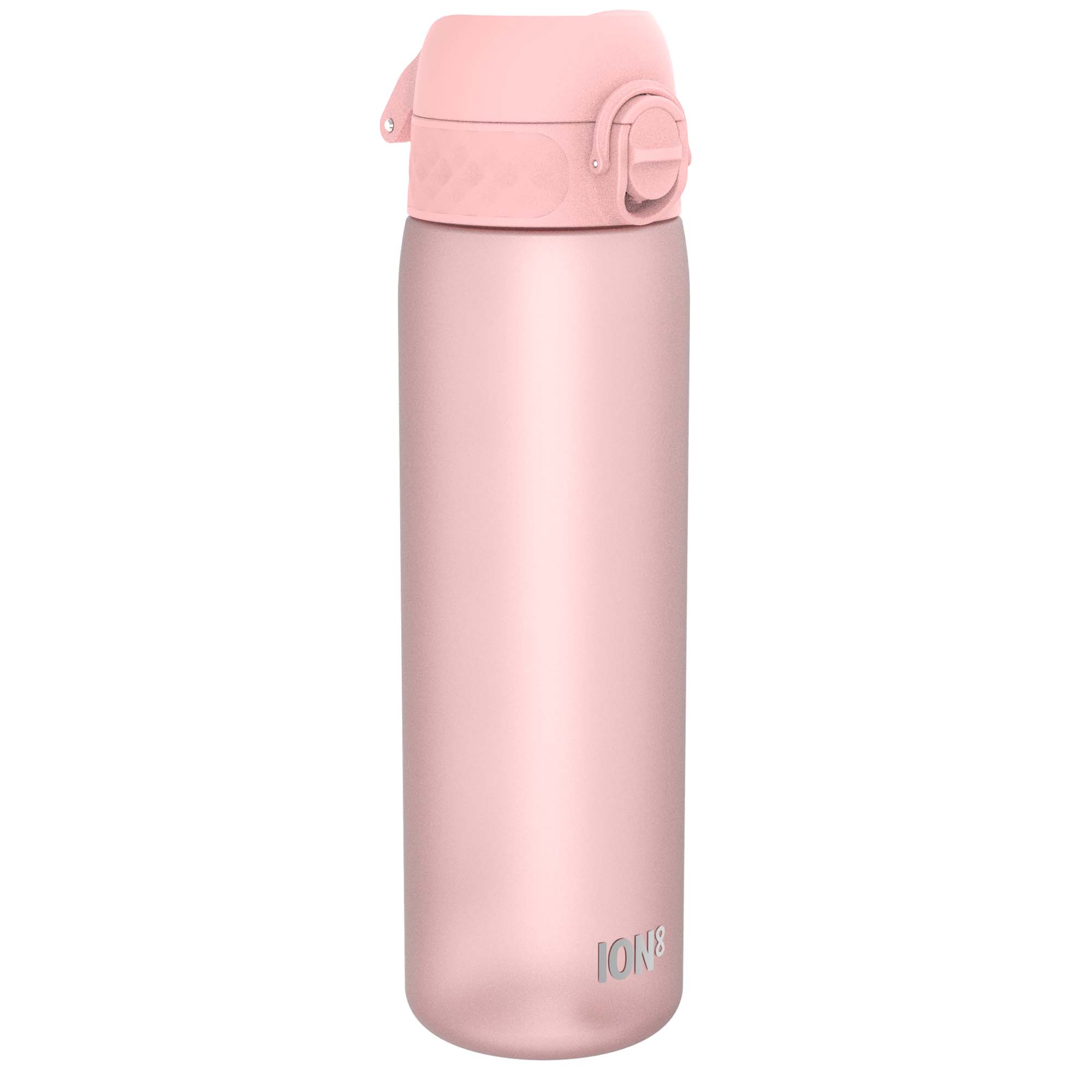Recyclon Leak Proof Slim Water Bottle by ION8 in Rose Quartz, 500ml (18oz), with a sleek design and secure lid.