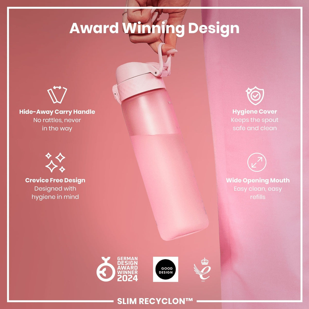 Ion8 Recyclon water bottle in Rose Quartz, 500ml, slim, leak-proof design made from recycled materials.