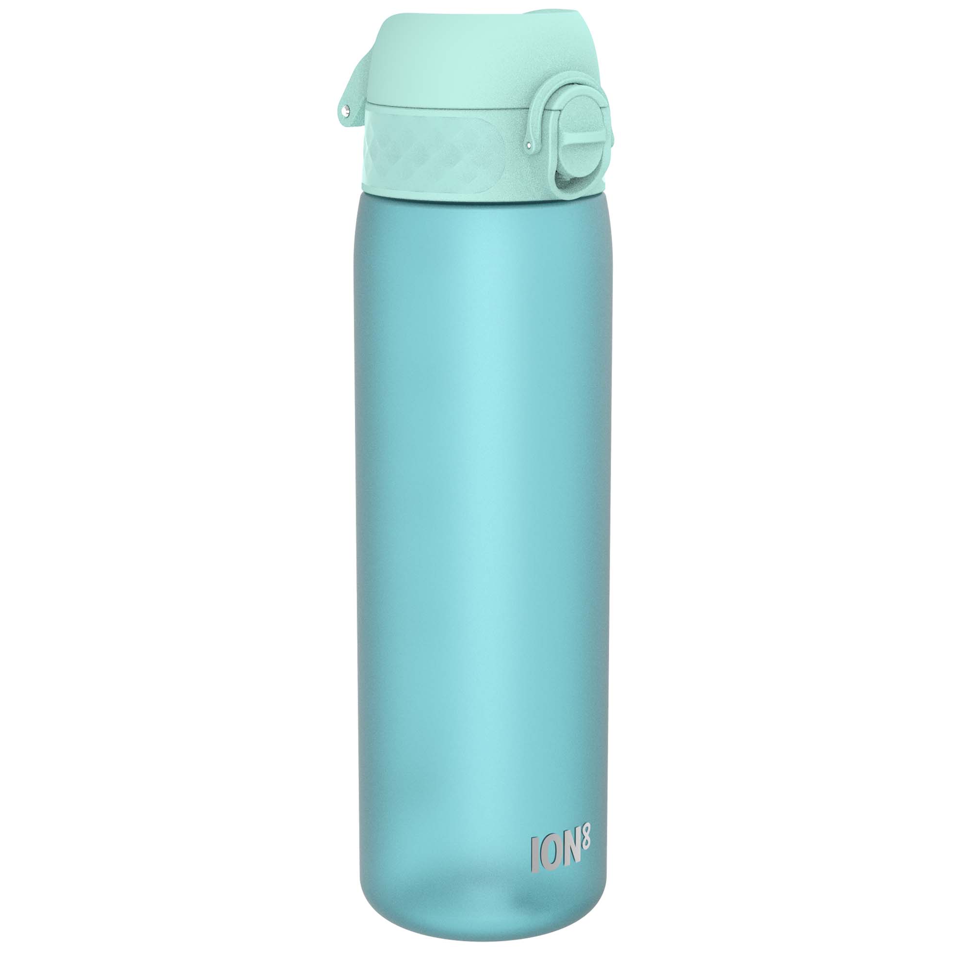 Ion8 Recyclon leak-proof slim water bottle in Sonic Blue, 500ml, with a sleek design and secure lid.
