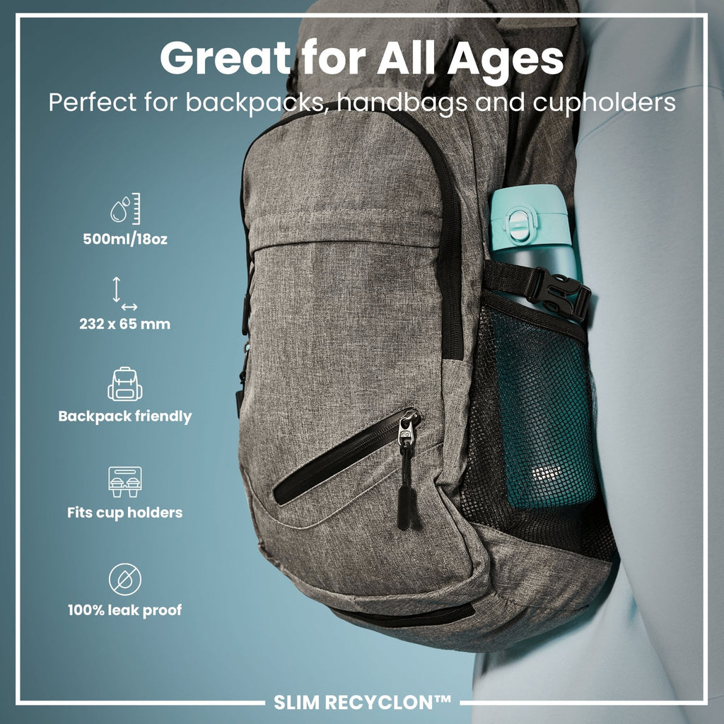 ION8 Recyclon Bottle Sonic Blue 500ml, slim leak-proof water bottle with a vibrant blue design and sturdy construction.