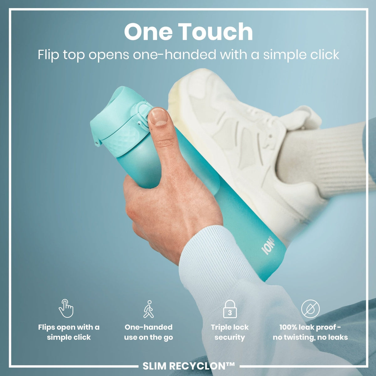 Ion8 Recyclon Sonic Blue 500ml water bottle, leak-proof slim design, durable plastic, ideal for hydration on the go
