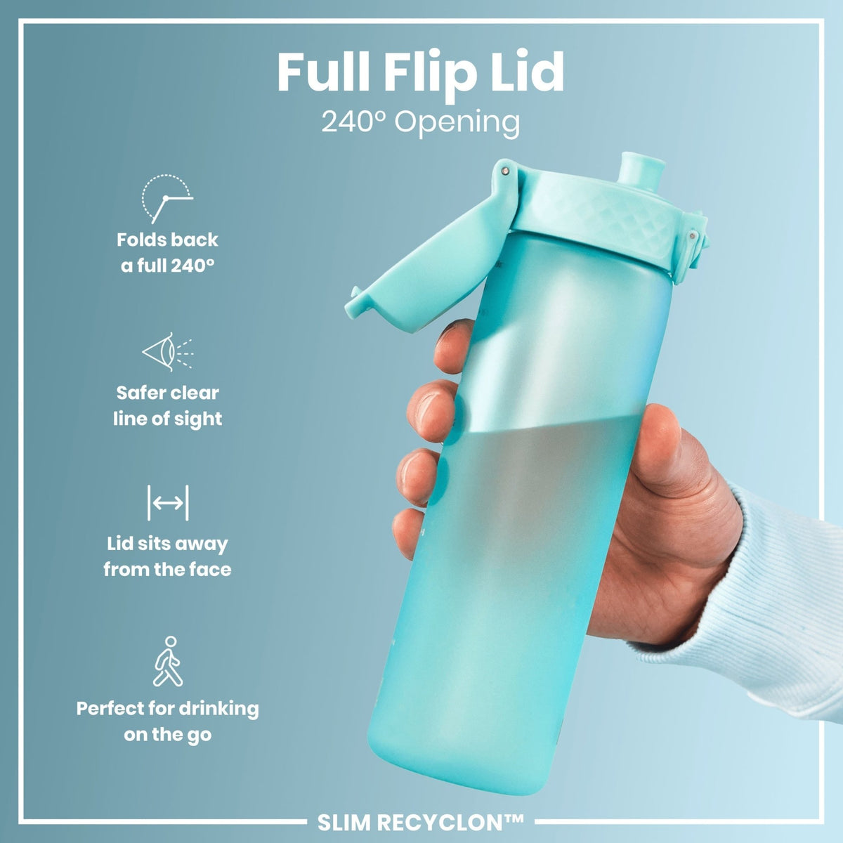 Ion8 Recyclon Sonic Blue 500ml water bottle, leak-proof slim design, made from recycled materials, ideal for hydration on the go.