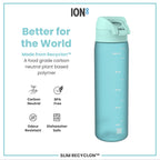 ION8 Recyclon Sonic Blue 500ml water bottle, leak-proof slim design, made from recycled materials, ideal for hydration on the go.
