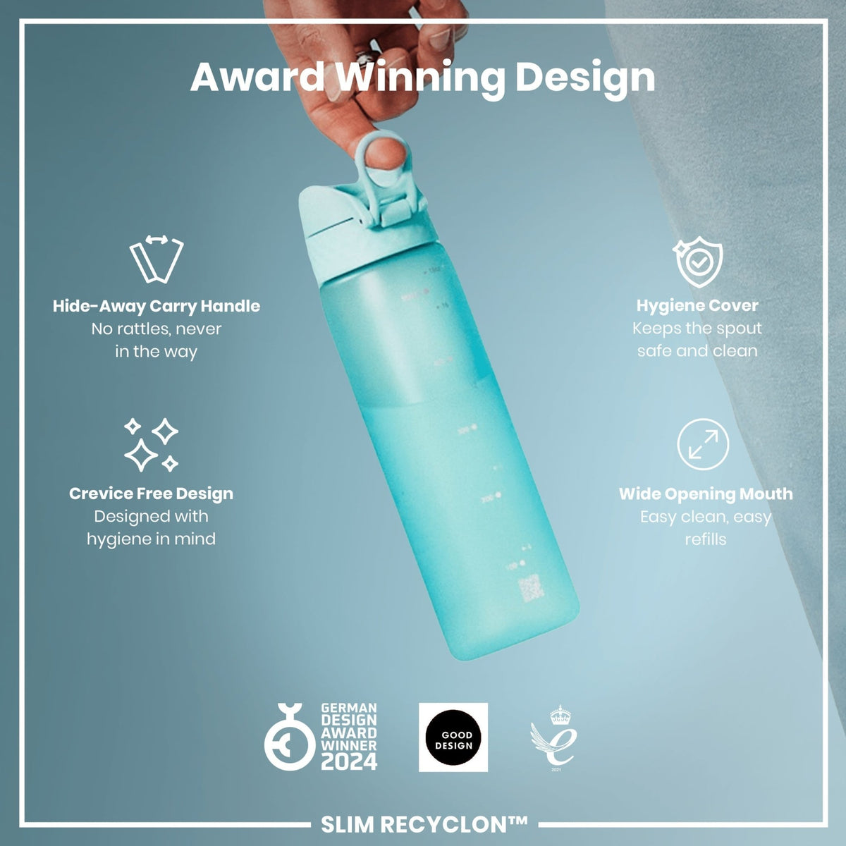 Ion8 Recyclon Sonic Blue 500ml water bottle with leak-proof design and slim shape, made from recycled materials for eco-friendly hydration.