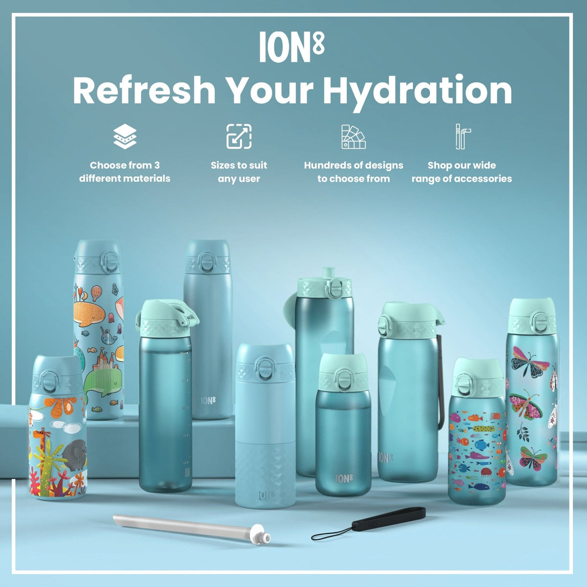 ION8 Recyclon Sonic Blue 500ml water bottle, leak-proof slim design made from recycled materials, ideal for hydration.