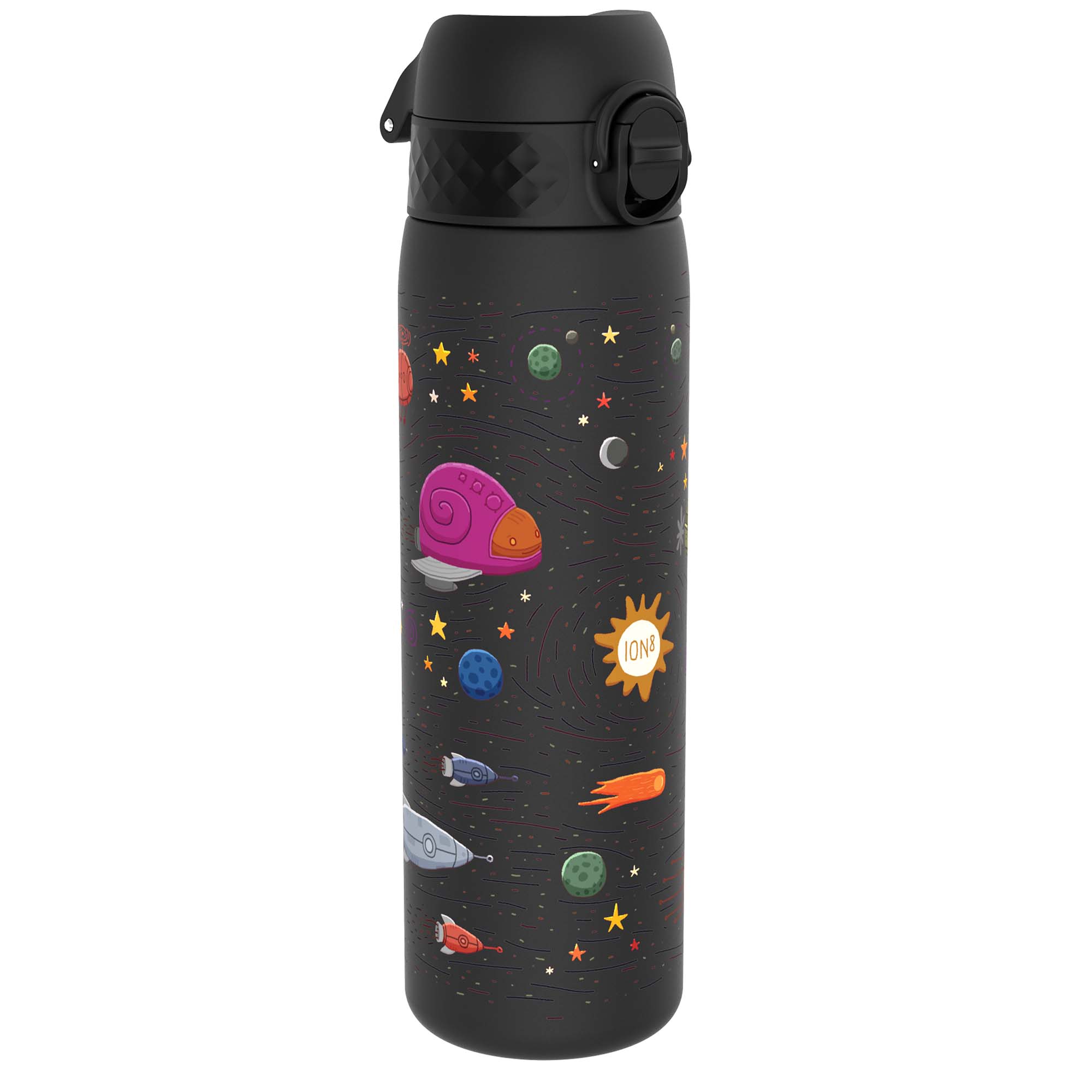 Ion8 Leak Proof Slim Water Bottle with spaceship design, 500ml (18oz), eco-friendly Recyclon water bottle for on-the-go hydration.