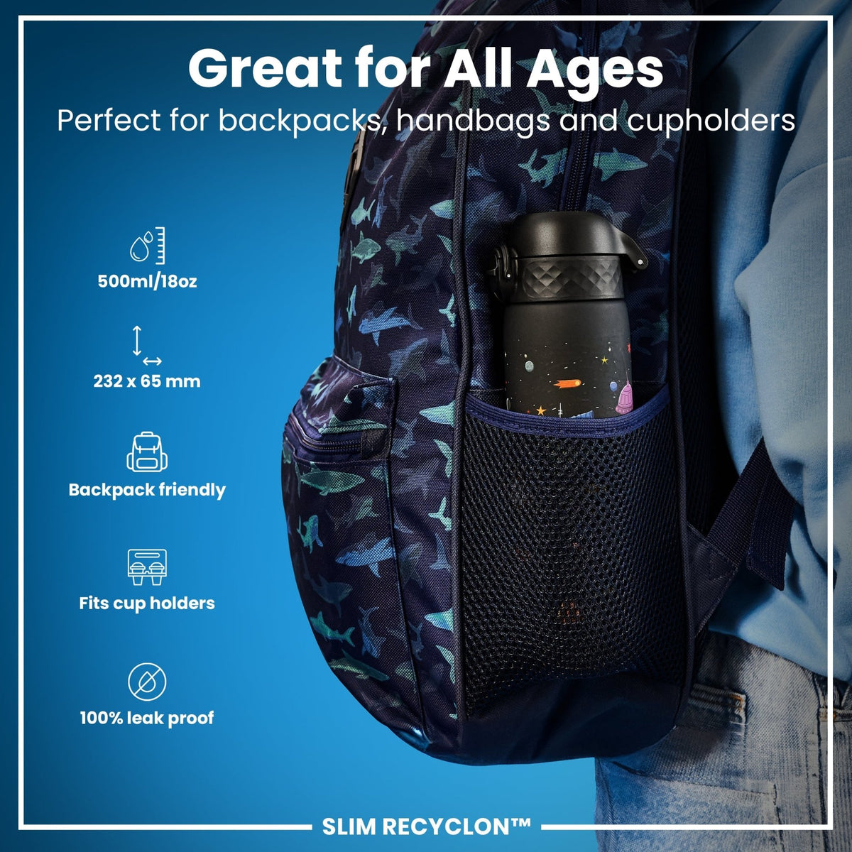 Ion8 Recyclon Water Bottle with Spaceships design, 500ml slim, leak-proof reusable water bottle for hydration and eco-friendly use