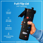 Ion8 Recyclon water bottle with spaceship design, 500ml slim, leak-proof reusable water bottle for eco-friendly hydration.