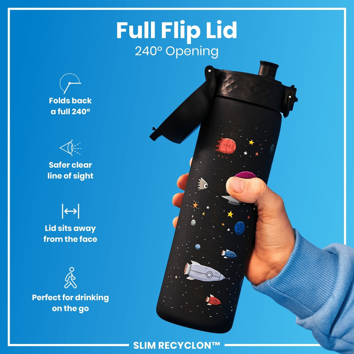 Ion8 Recyclon water bottle with spaceship design, 500ml slim, leak-proof reusable water bottle for eco-friendly hydration.