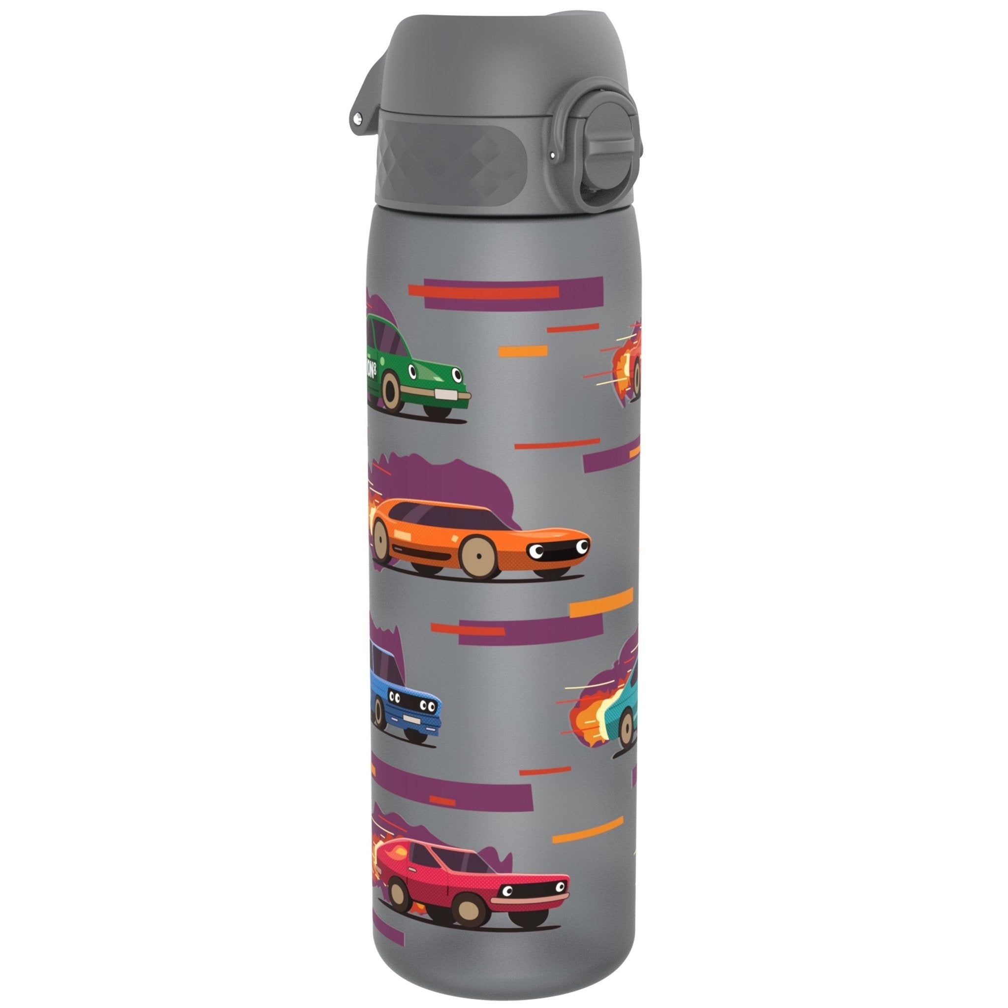ION8 Recyclon leak-proof slim water bottle with sport cars design, 500ml (18oz), ideal for active use and hydration.