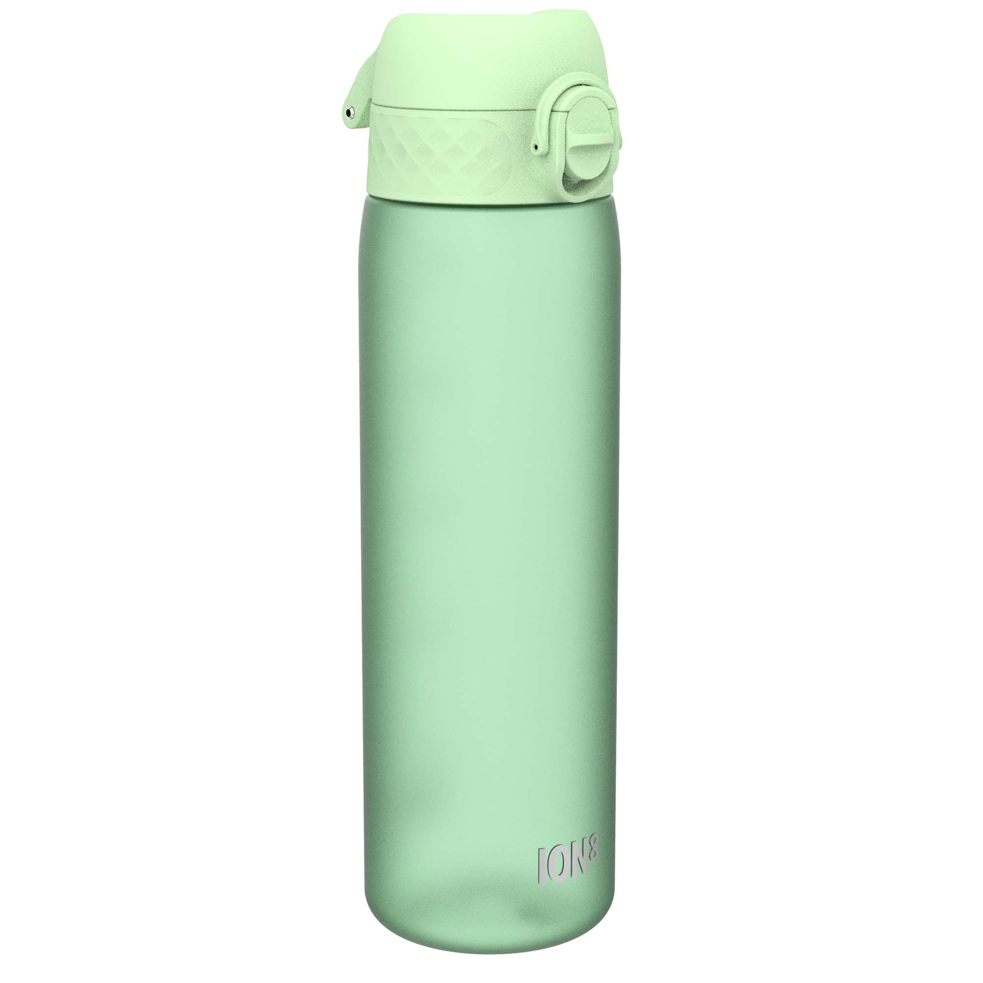 Recyclon slim water bottle by ION8 in surf green, 500ml (18oz), leak-proof design with a sleek, recyclable plastic body.