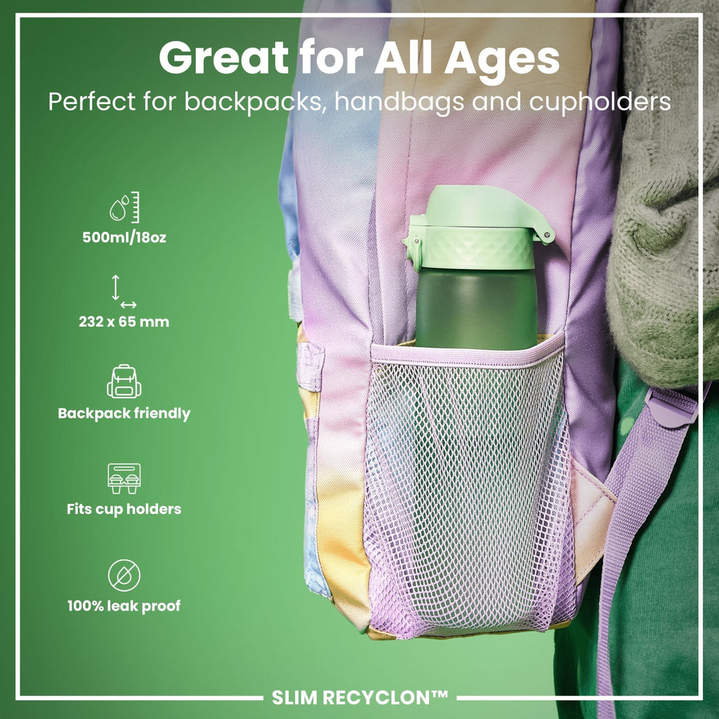 Ion8 Recyclon water bottle in surf green, 500ml, leak-proof, slim design perfect for eco-friendly hydration.