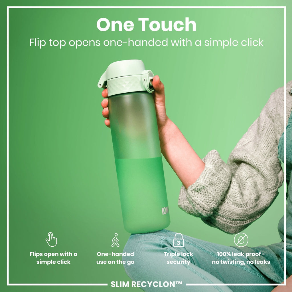 ION8 Recyclon Bottle Surf Green 500ml water bottle with leak-proof design, slim shape, and durable material for active use.