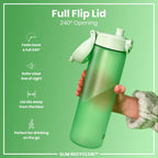 ION8 Recyclon Bottle Surf Green 500ml, leak-proof slim water bottle for hydration and eco-friendly use.