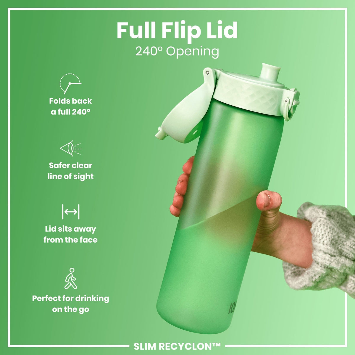 ION8 Recyclon Bottle Surf Green 500ml, leak-proof slim water bottle for hydration and eco-friendly use.