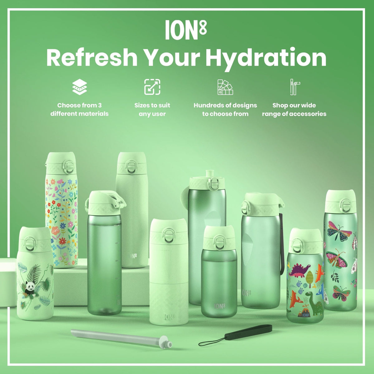 ION8 Recyclon Surf Green 500ml leak-proof water bottle, slim design, durable plastic, ideal for hydration on the go.