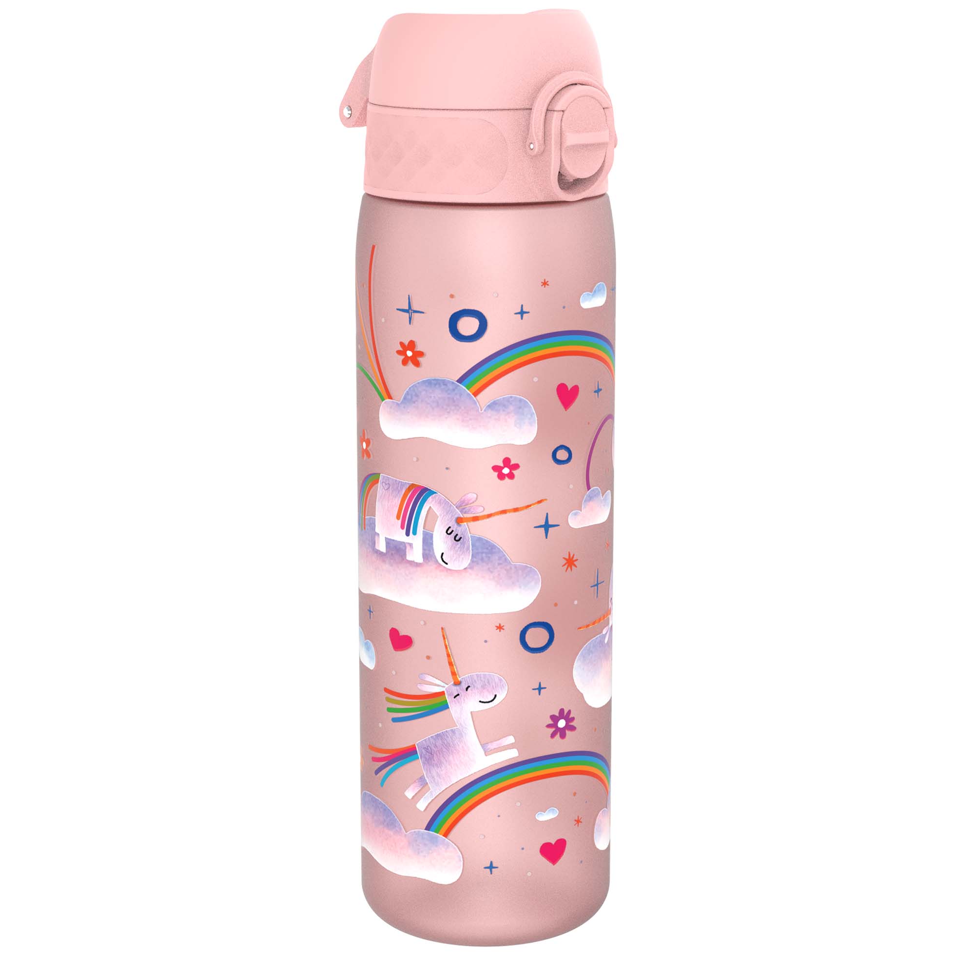 Recyclon ION8 leak-proof slim water bottle with unicorn rainbows design, 500ml (18oz), made for easy hydration and portability.