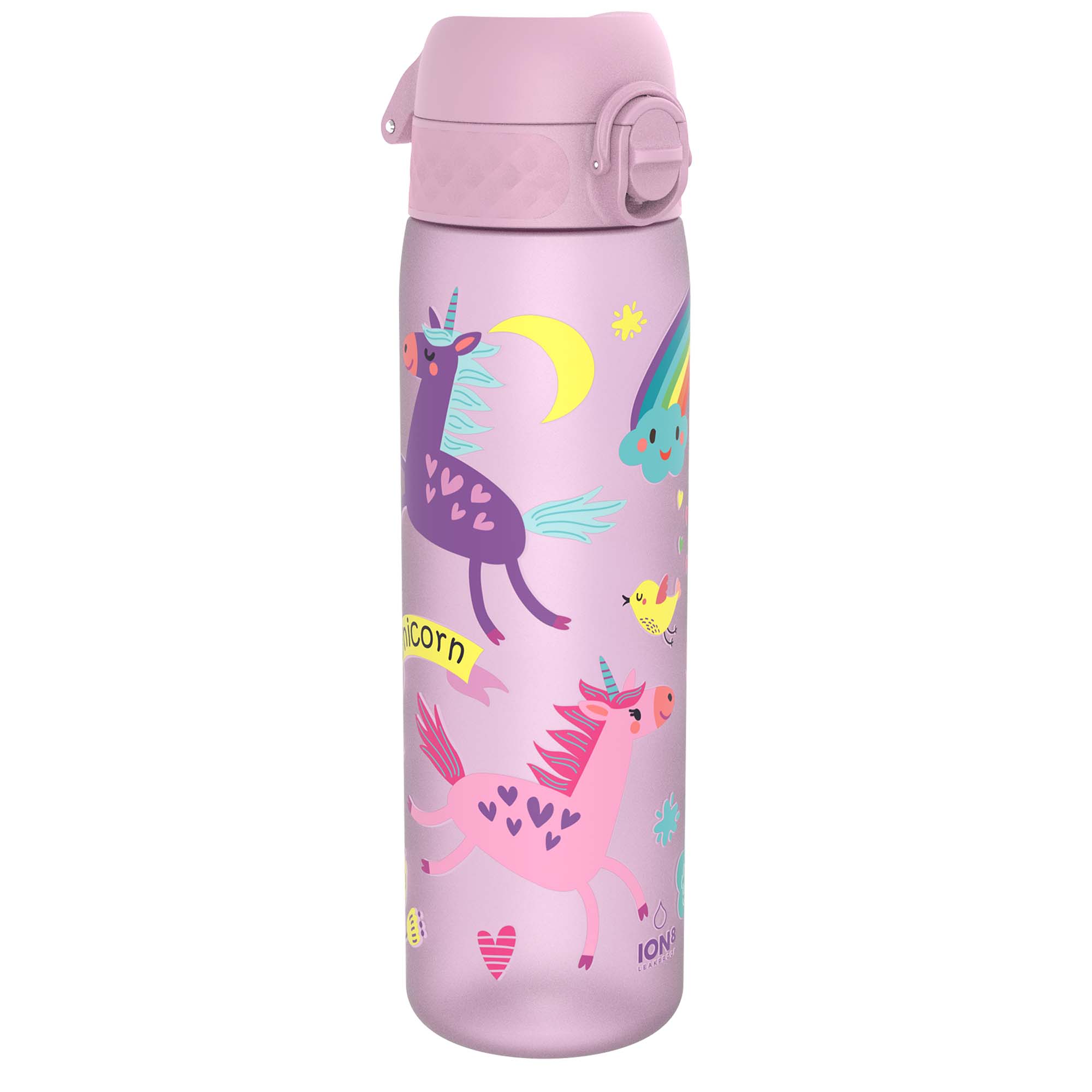 ION8 Recyclon leak-proof slim water bottle with unicorn design, 500ml capacity, made from recyclable materials, ideal for hydration.