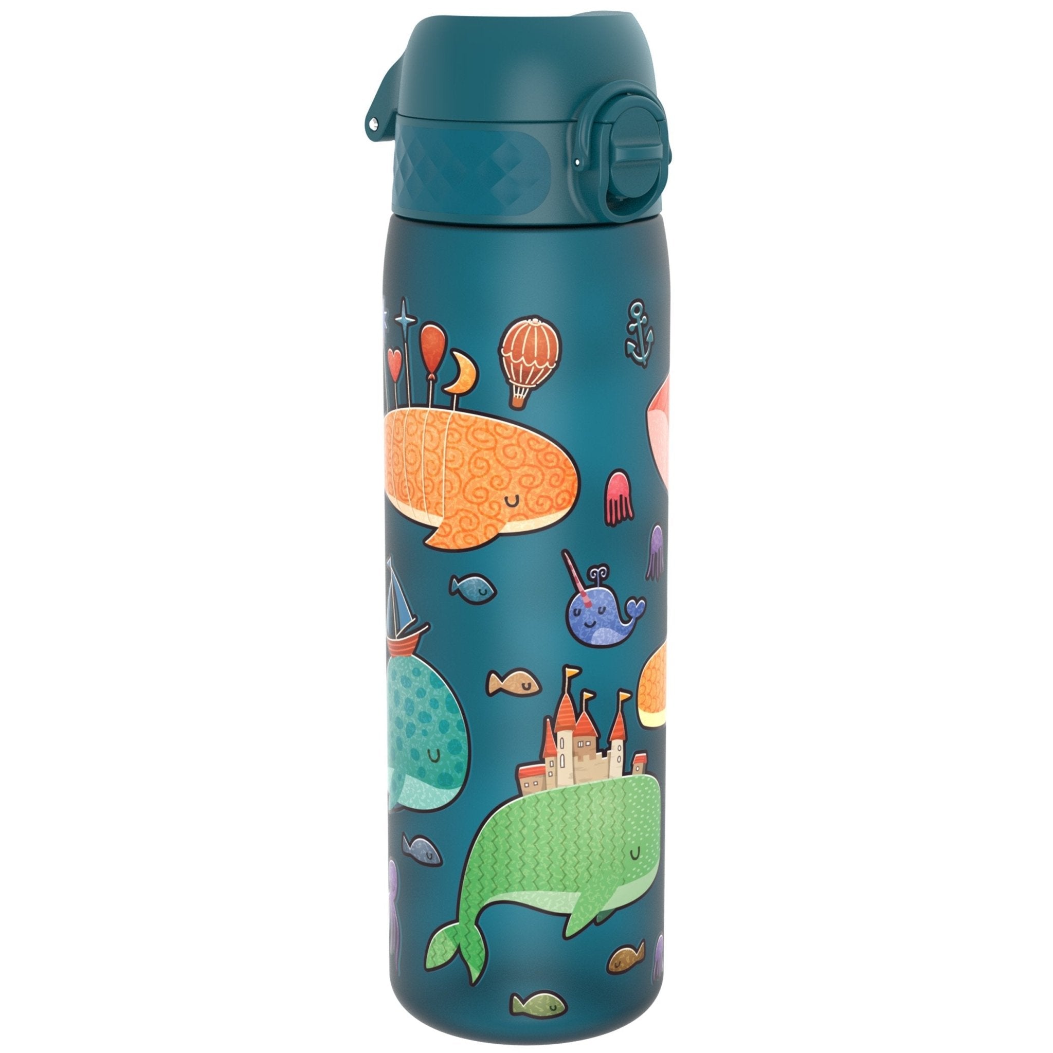 ION8 Leak Proof Slim Water Bottle with whale design, 500ml Recyclon water bottle for convenient hydration.